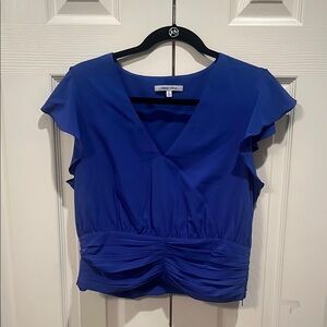 Naked Zebra Blue V-Neck Blouse with Cap Sleeves and Ruched Waist